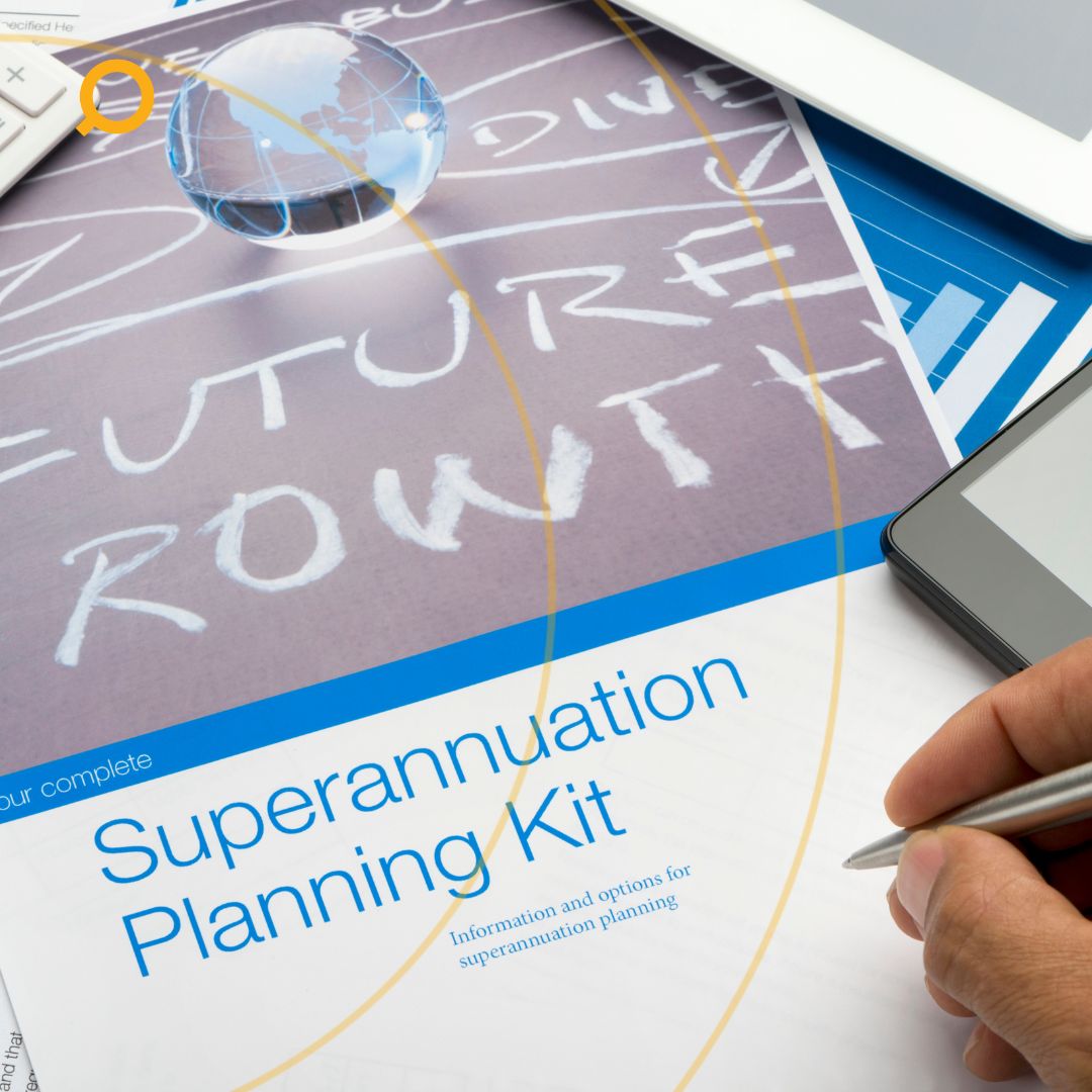 Superannuation Planning Kit booklet with calculator, phone, and documents, as hands hold a pen, representing property wealth building through superannuation.