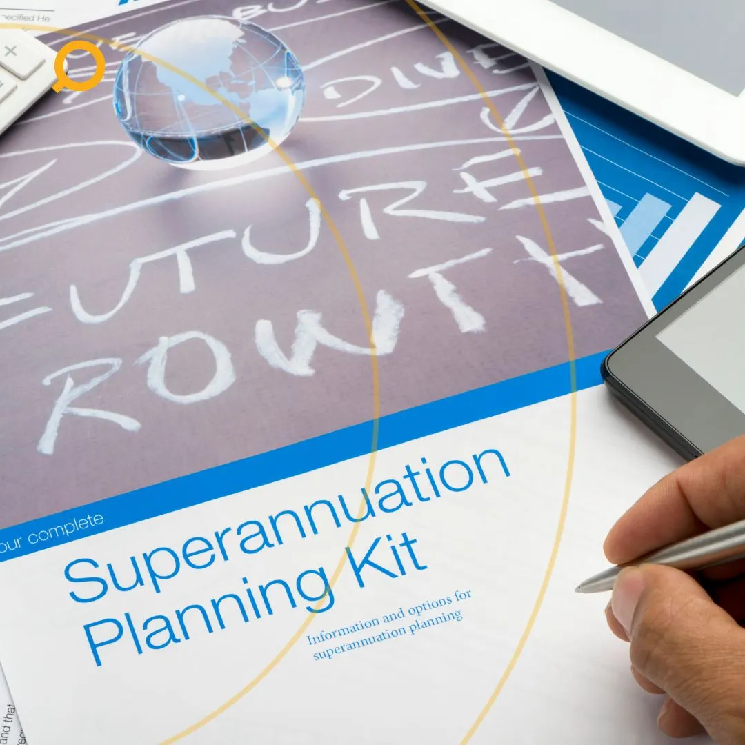 Superannuation Planning Kit booklet with calculator, phone, and documents, as hands hold a pen, representing property wealth building through superannuation.