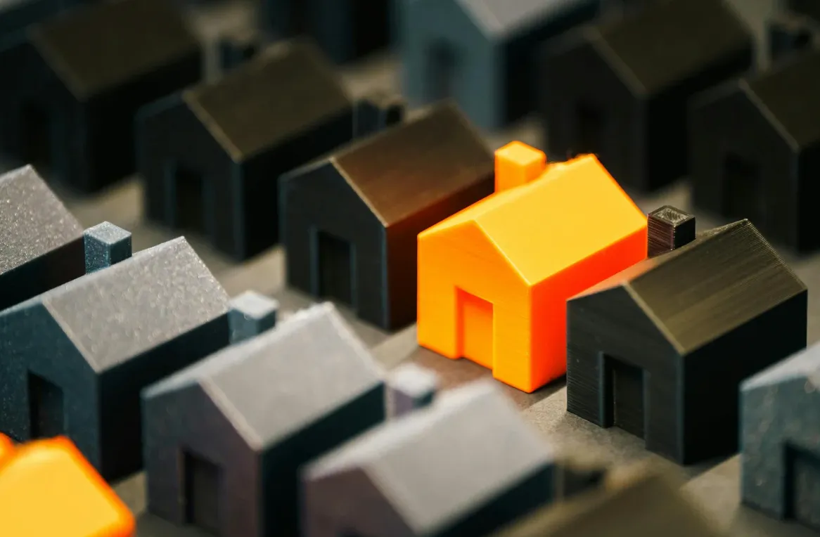  Bright orange house model standing out among dark houses, representing the concept of choosing the right property investment opportunity.