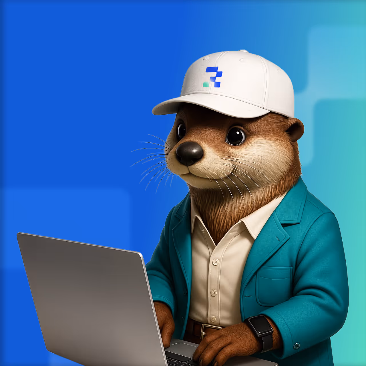 RWA.io mascot Otto researching on his laptop