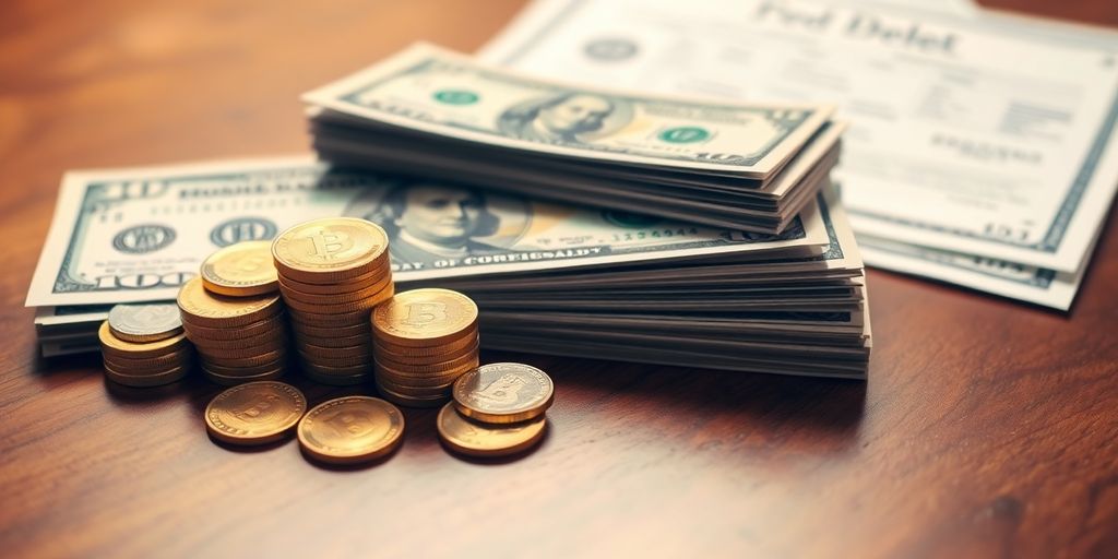 Coins and financial documents on a table