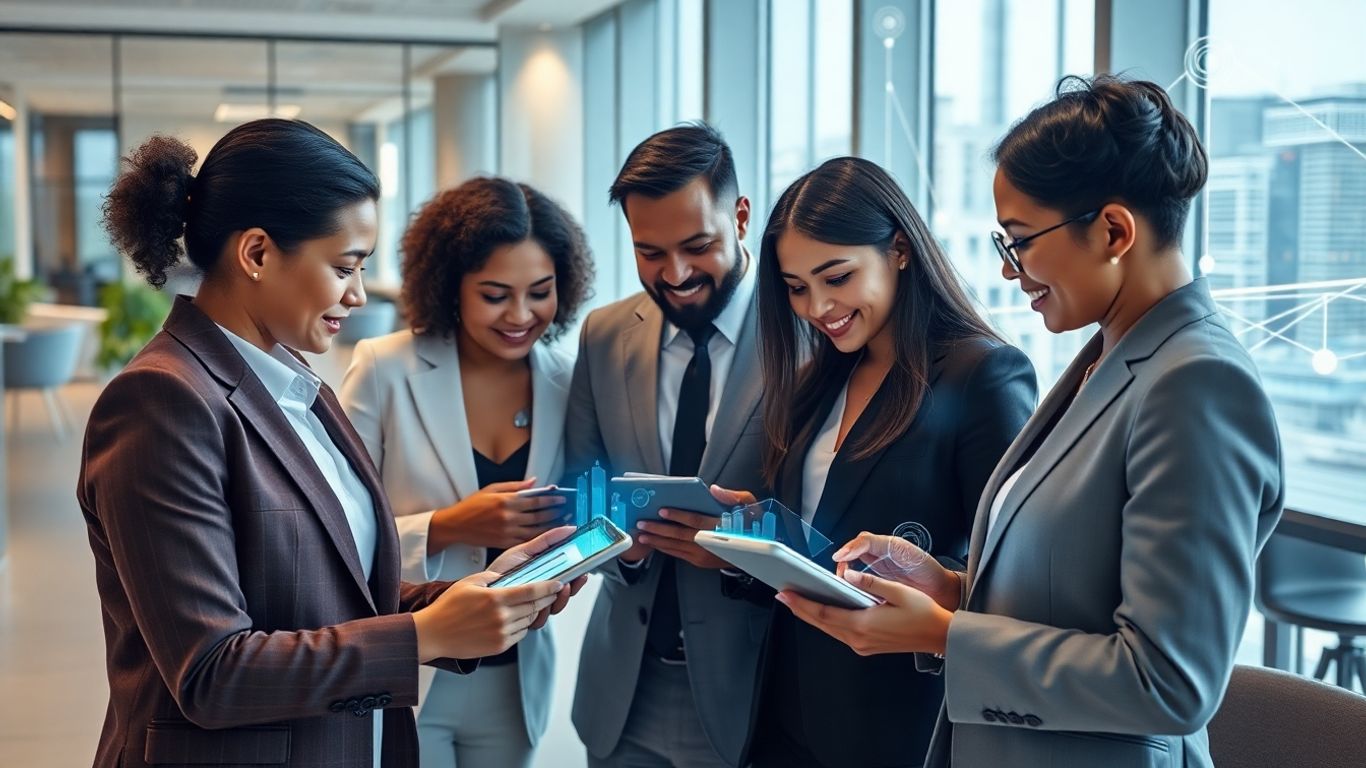 Businesspeople in modern office with digital buildings and tablets