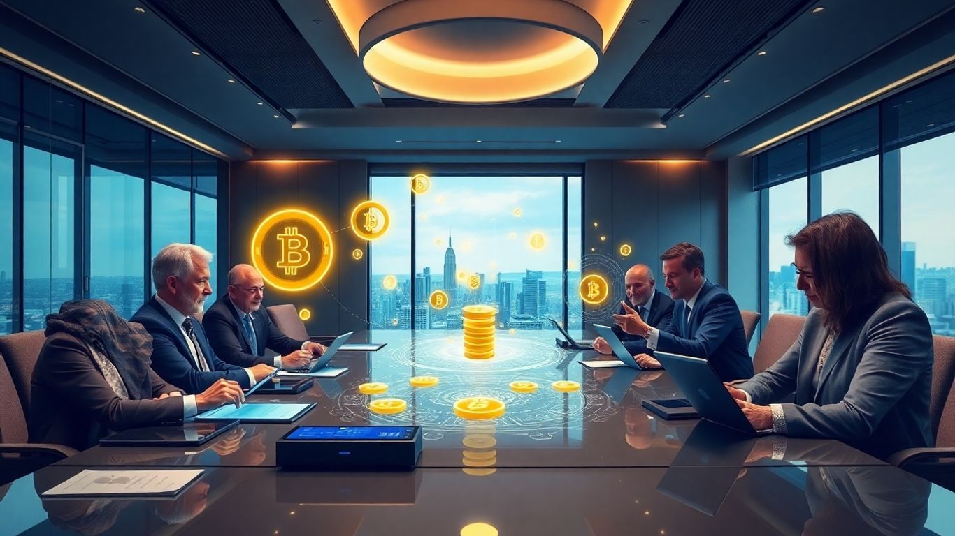 Executives view digital tokens in a modern office setting.