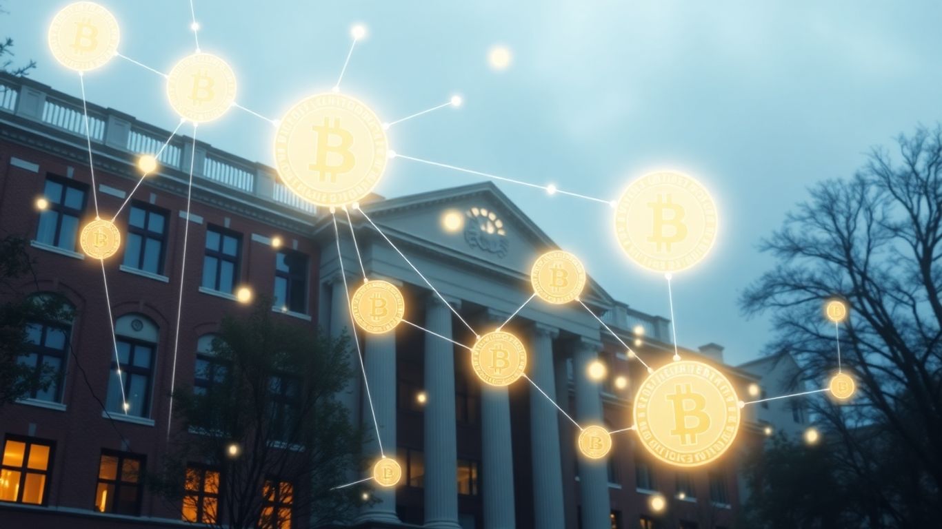 University building with digital tokens flowing.