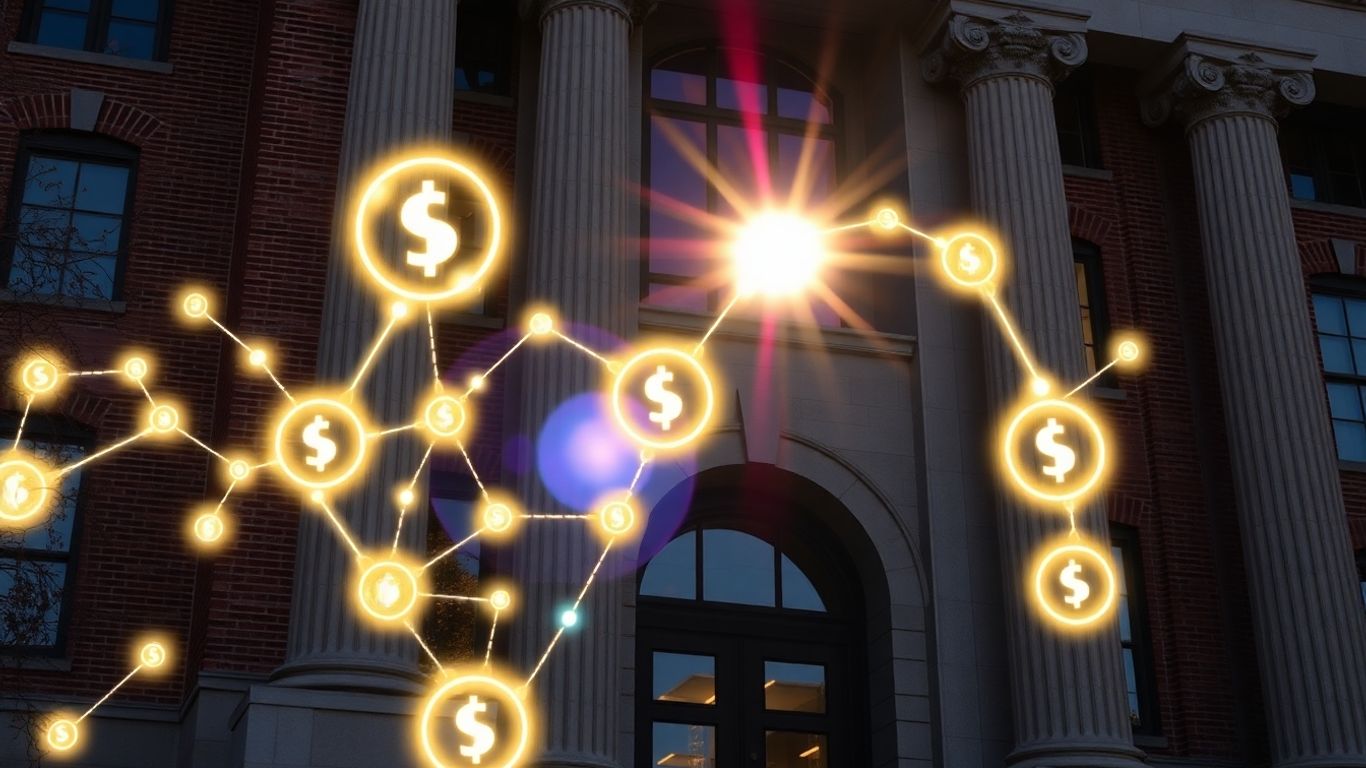 University building with digital tokens flowing.