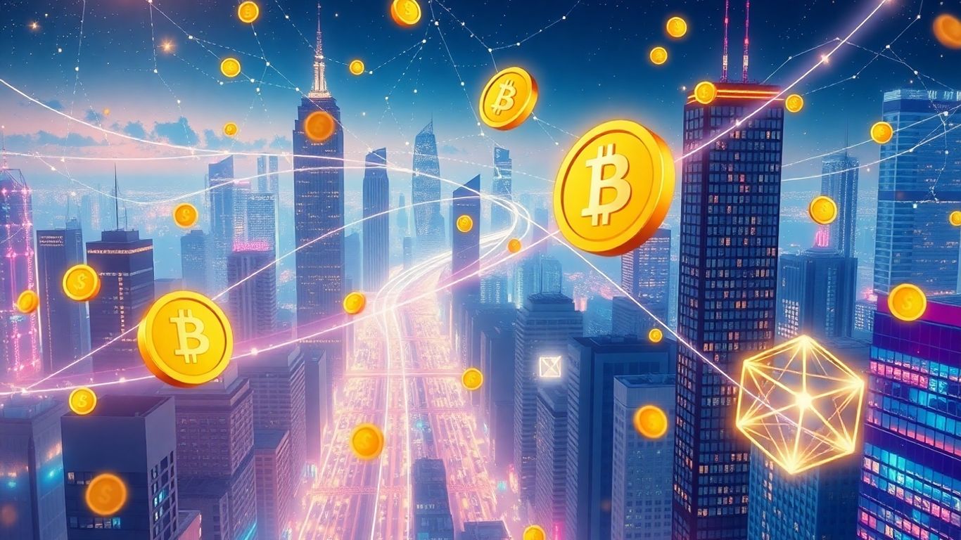 Digital streams connecting buildings, with floating coins and geometric shapes.