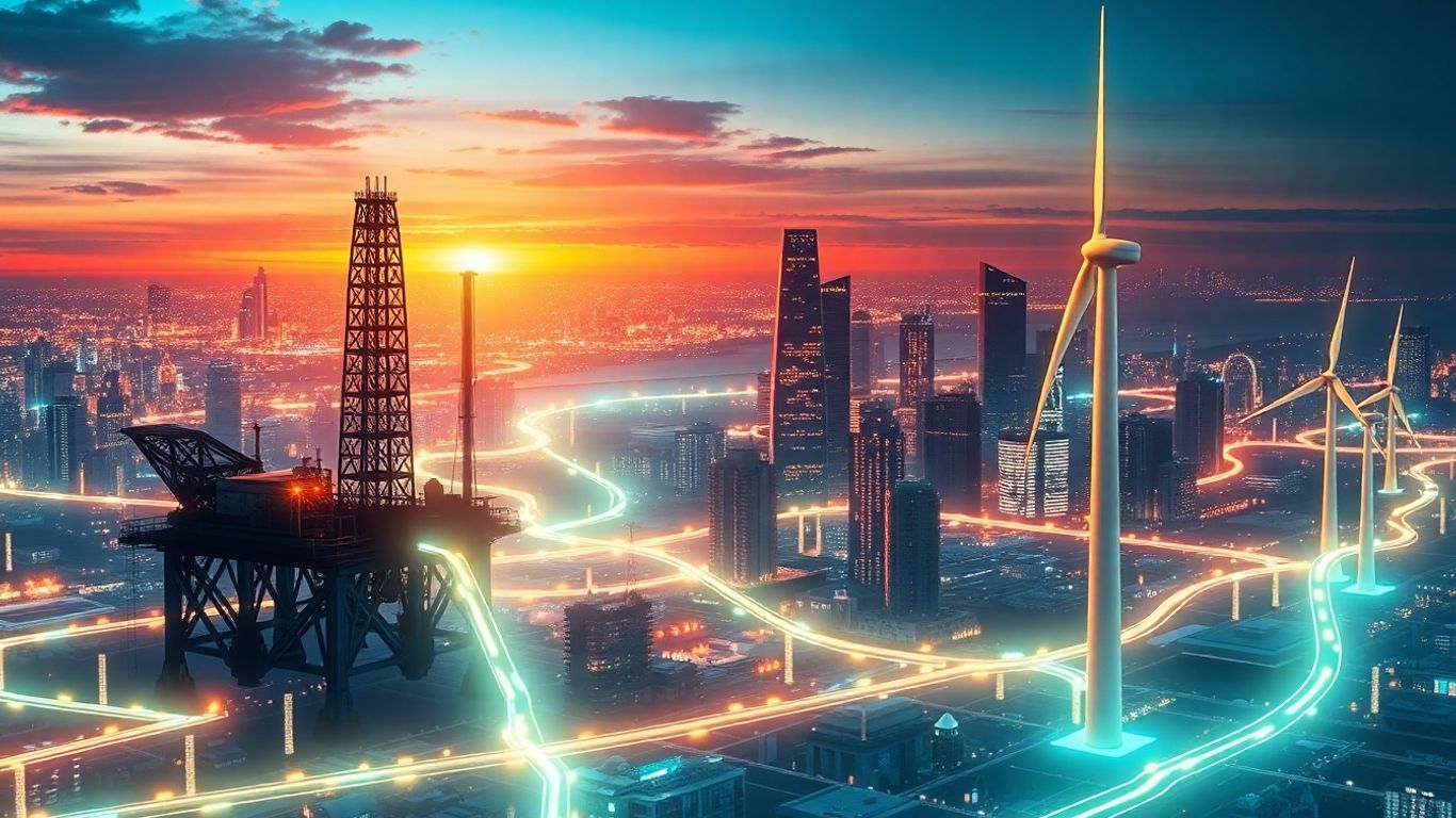 Digital streams connecting oil rig and wind turbine to blockchain