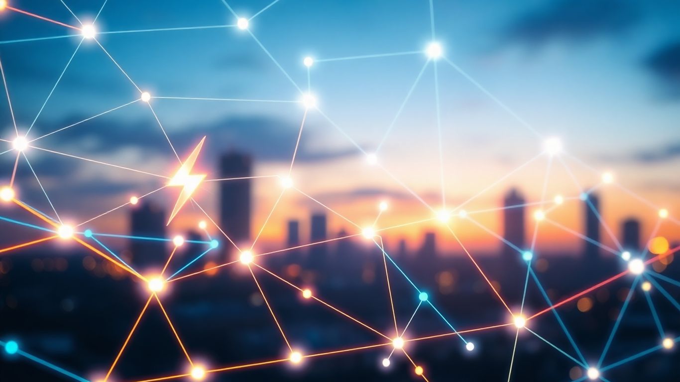 Digital network connecting energy symbols with cityscape background.