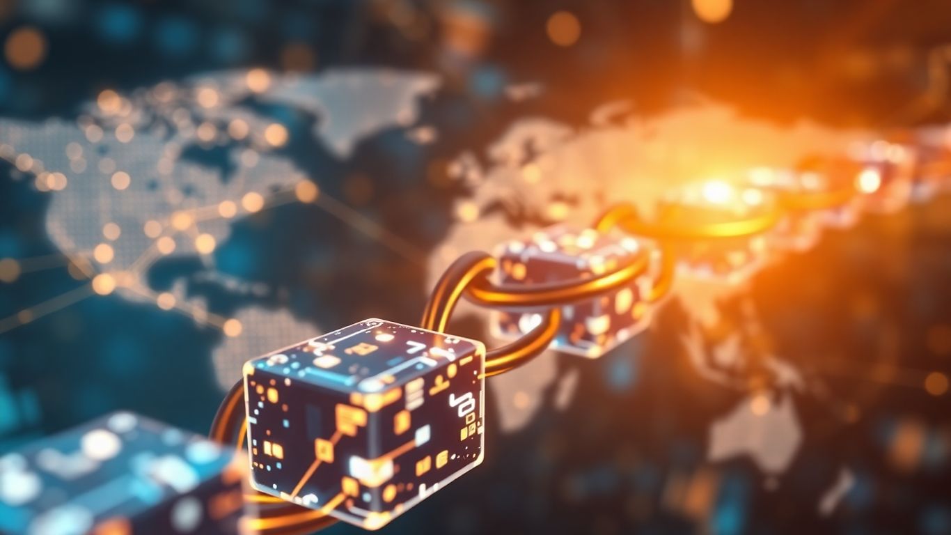 Blockchain chain with glowing connections and financial patterns.