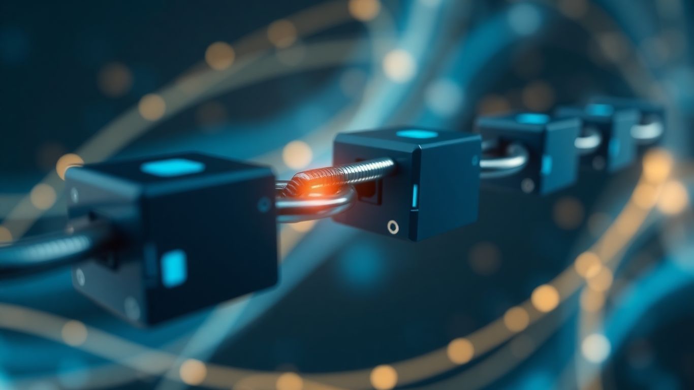 Blockchain chain with glowing connections and abstract light patterns.