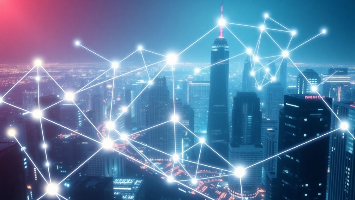 Digital cityscape with glowing connections