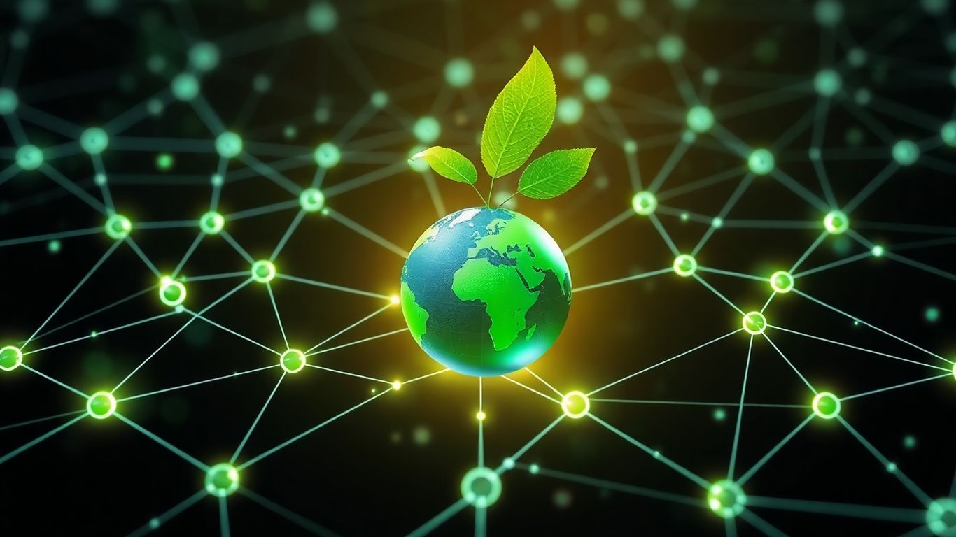 Blockchain network with leaves and globe.