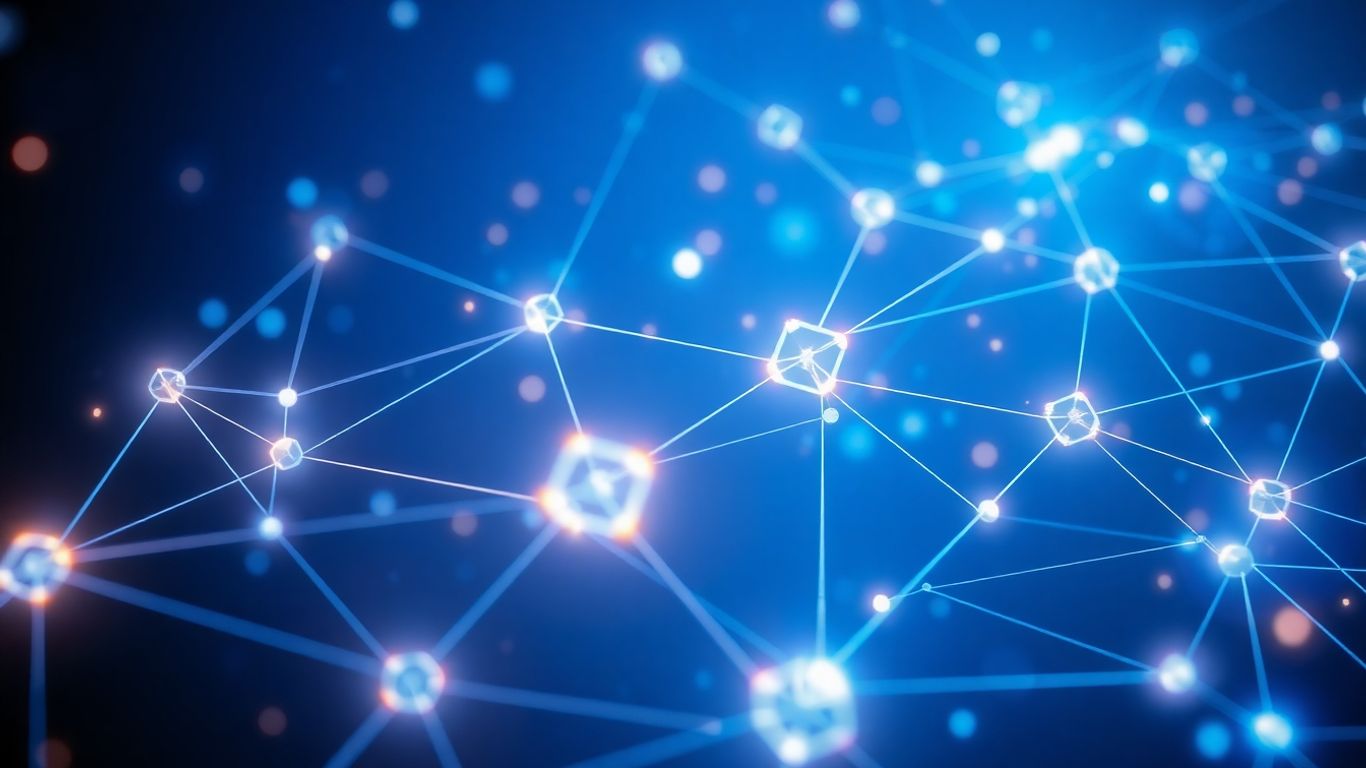 Futuristic digital network with glowing nodes and abstract shapes.
