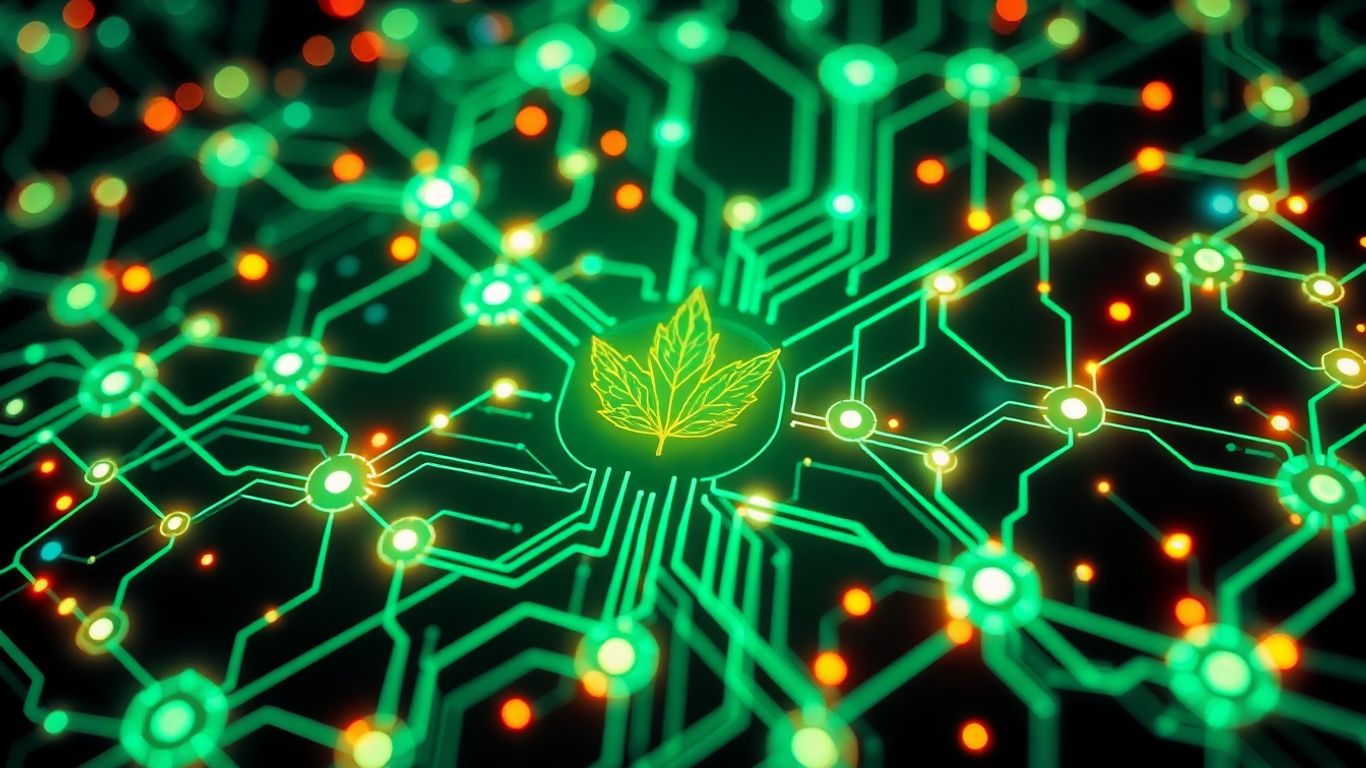Digital network with green leaf motif