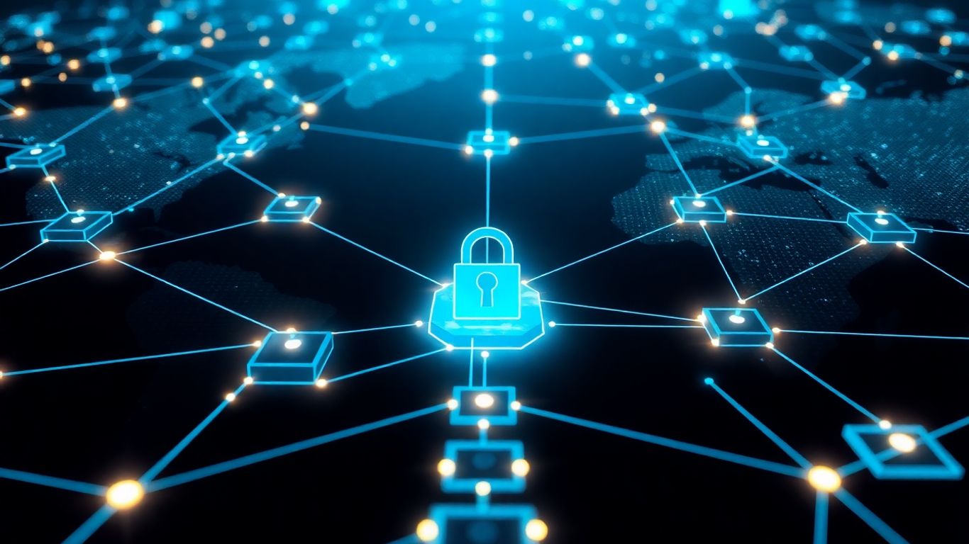 Digital blocks forming a secure pathway with glowing connections.