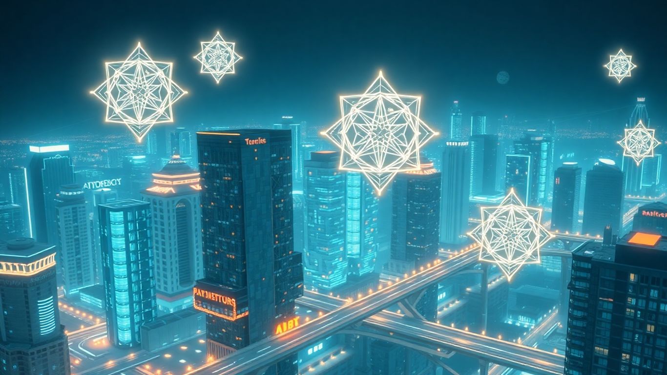 Digital twin assets integrated into a futuristic cityscape.