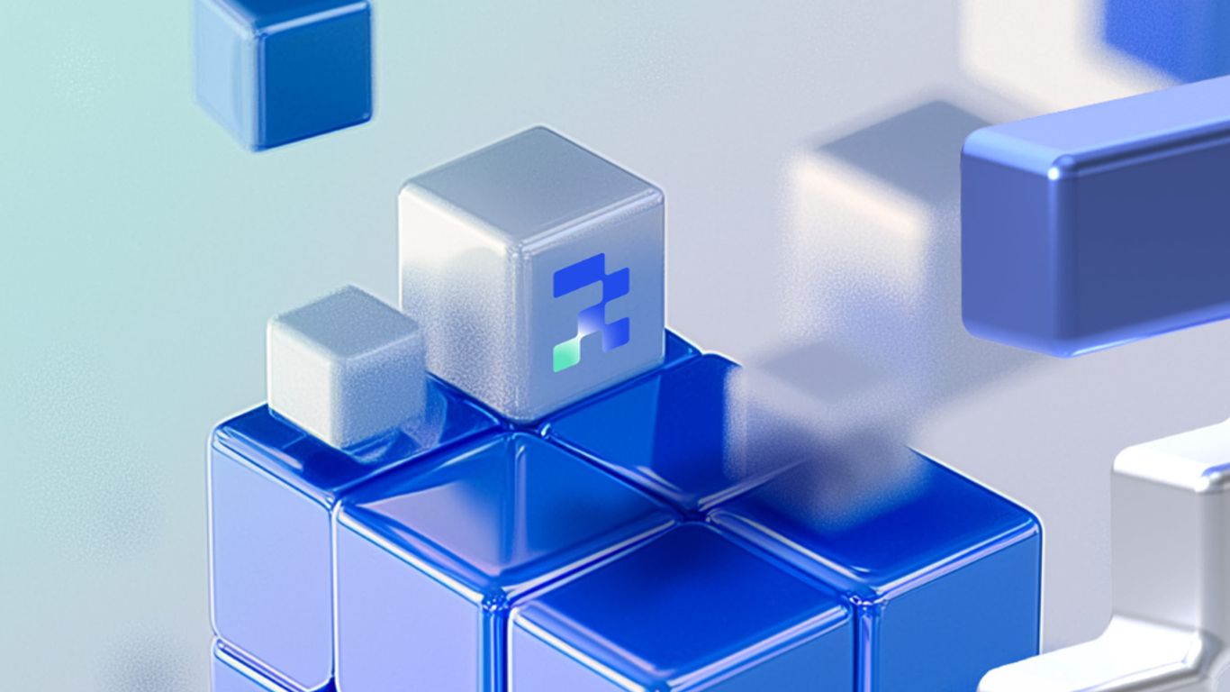 Abstract composition of blue and white 3D cubes floating.