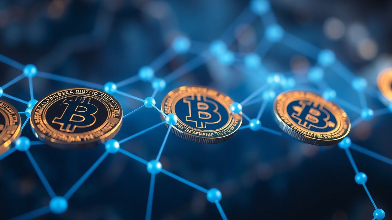 Interconnected digital tokens with blue glow.