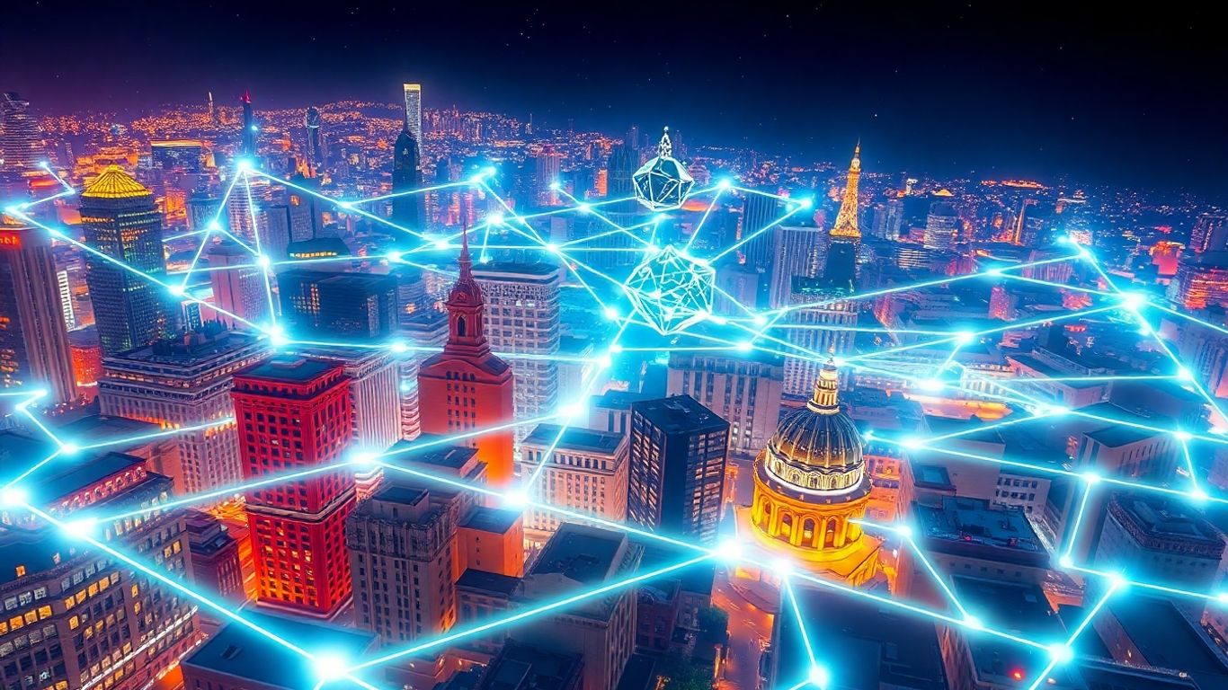 Interconnected digital cityscape with tokenized assets.