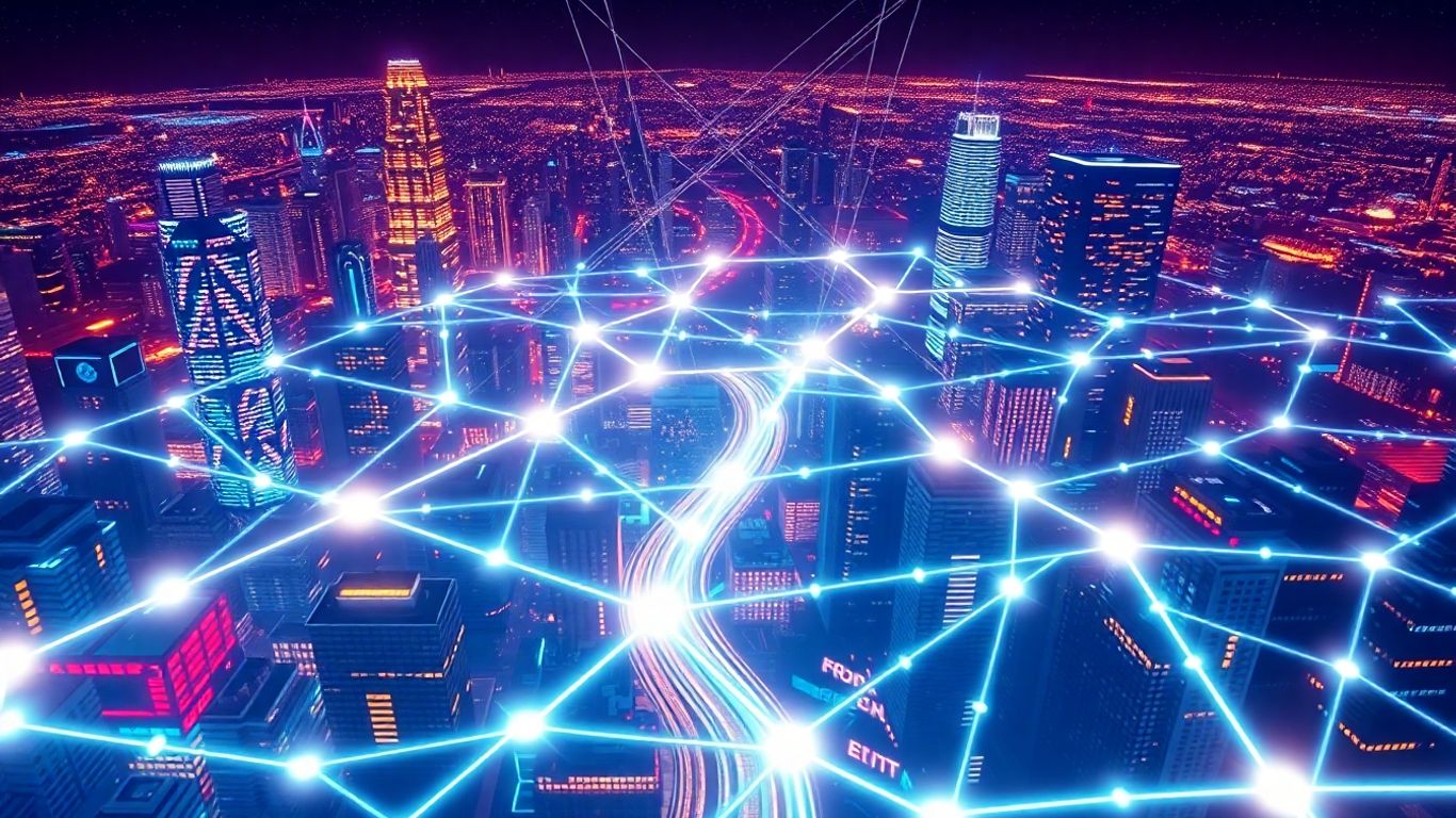 Interconnected digital cityscape with tokenized assets.