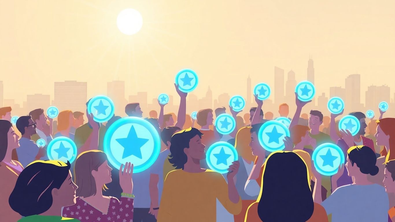 People interacting with digital tokens in a cityscape.