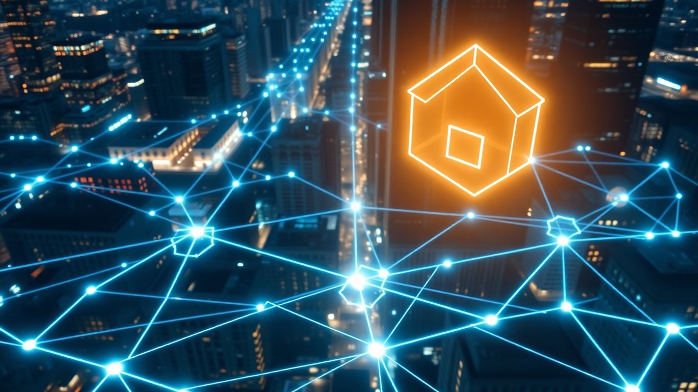 Blockchain network transforming mortgage-backed securities in a cityscape.