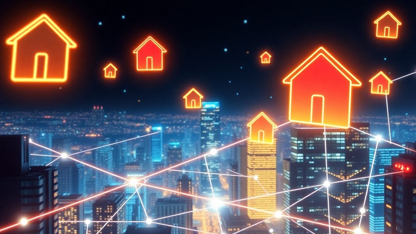 Digital cityscape with glowing network lines and abstract shapes.