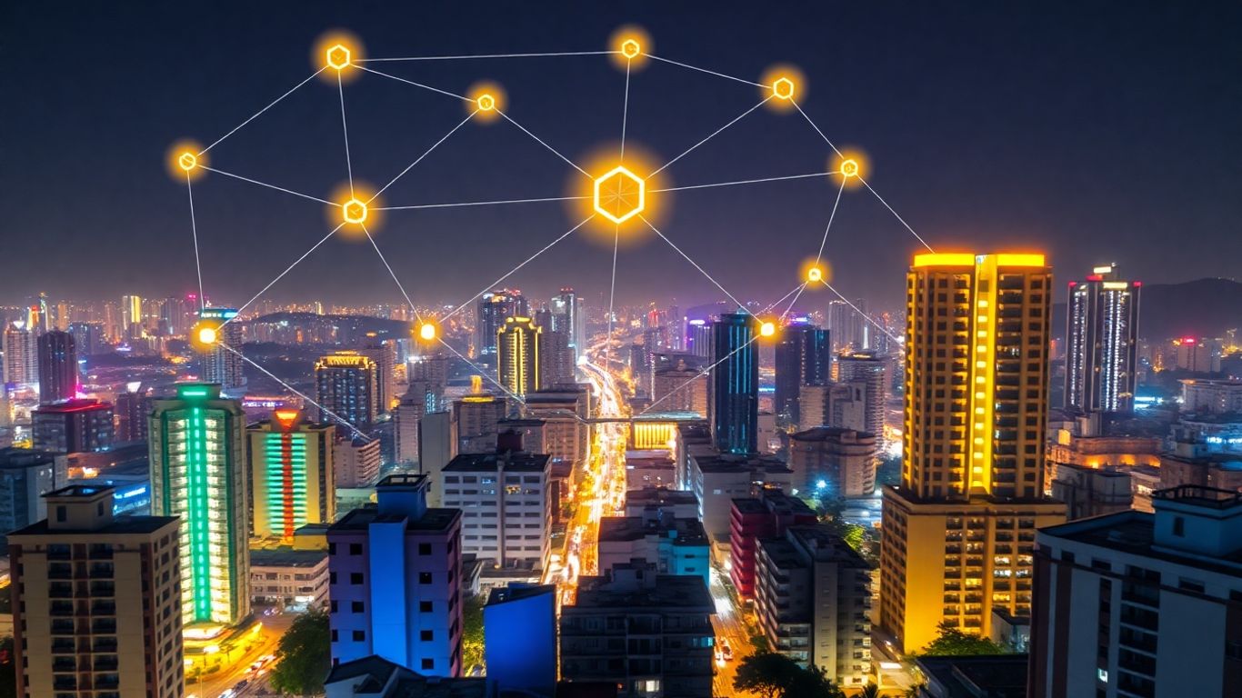 Developing country cityscape with blockchain connections.