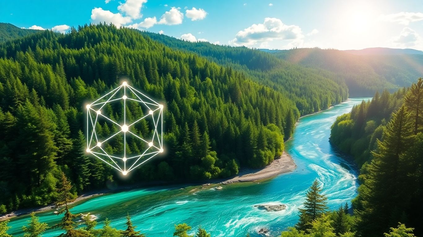 Digital tokens floating above a natural landscape.