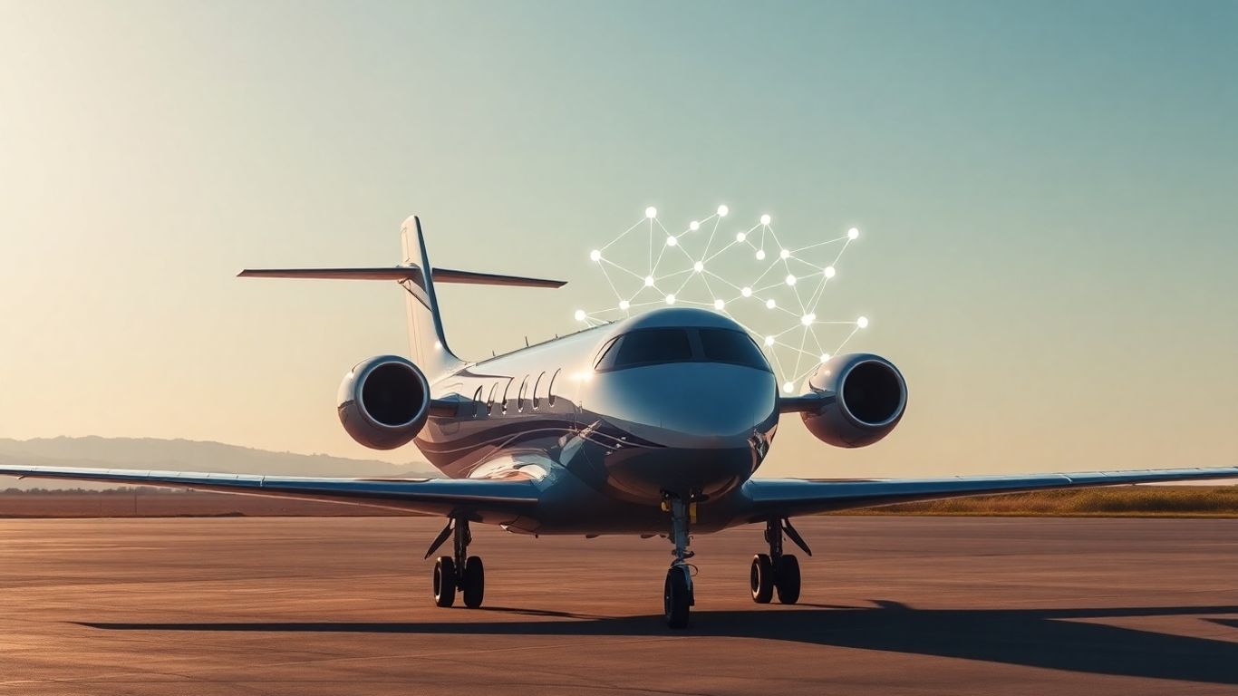 Private jet with blockchain network overlay.