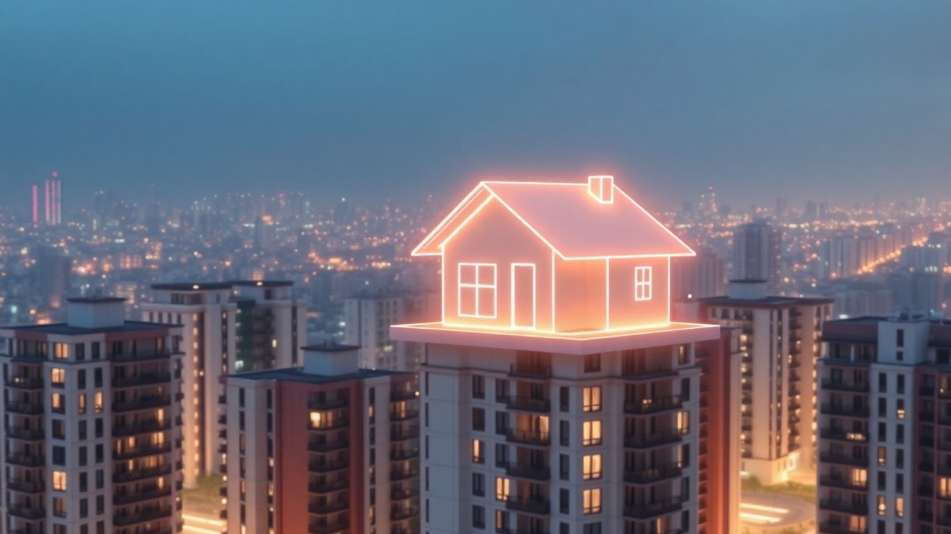 Digital smart contracts over futuristic rental properties.