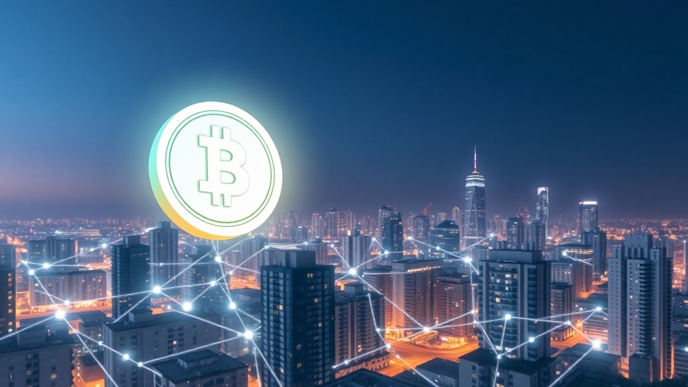 Cityscape with digital connections and a floating token.