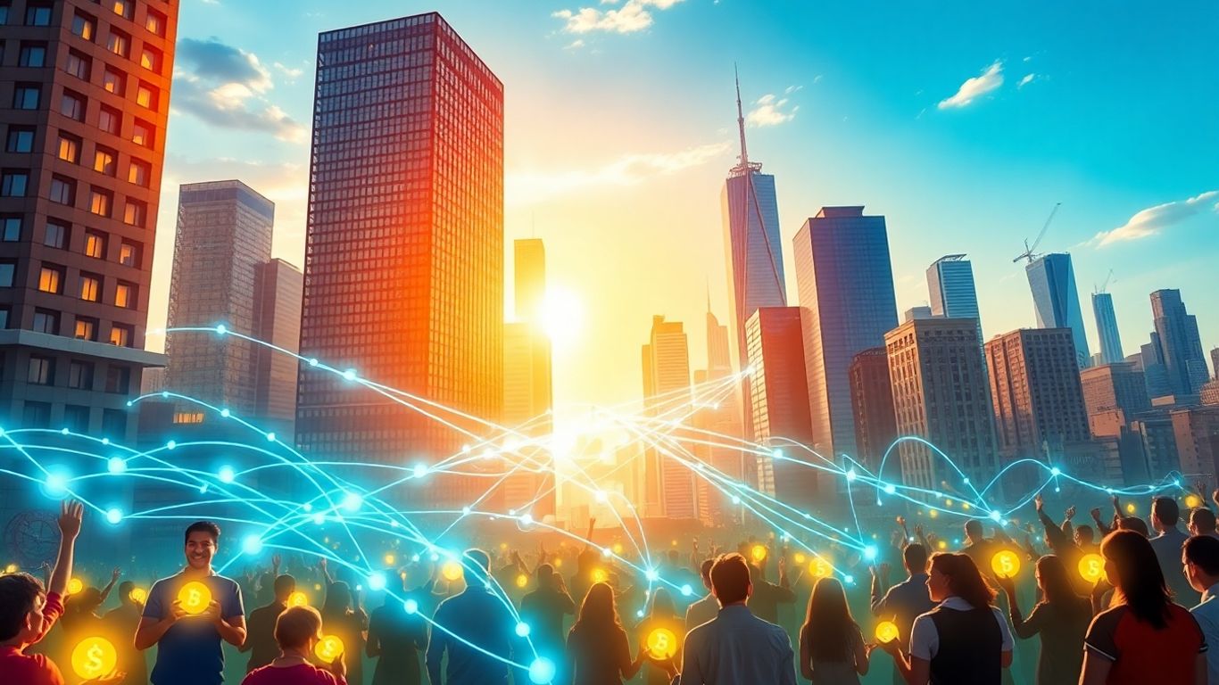Digital streams connecting city buildings and diverse people with tokens.