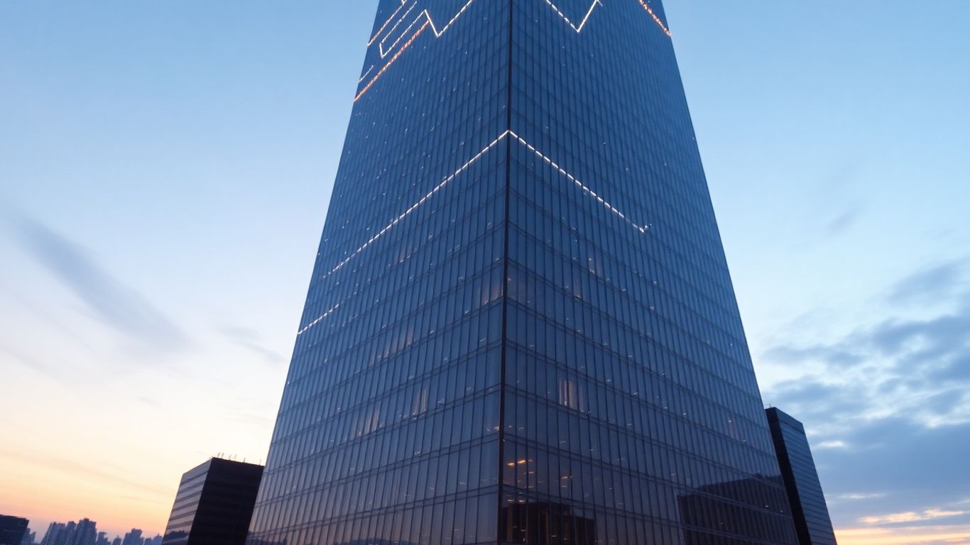 Modern skyscraper with digital light trails at dusk.
