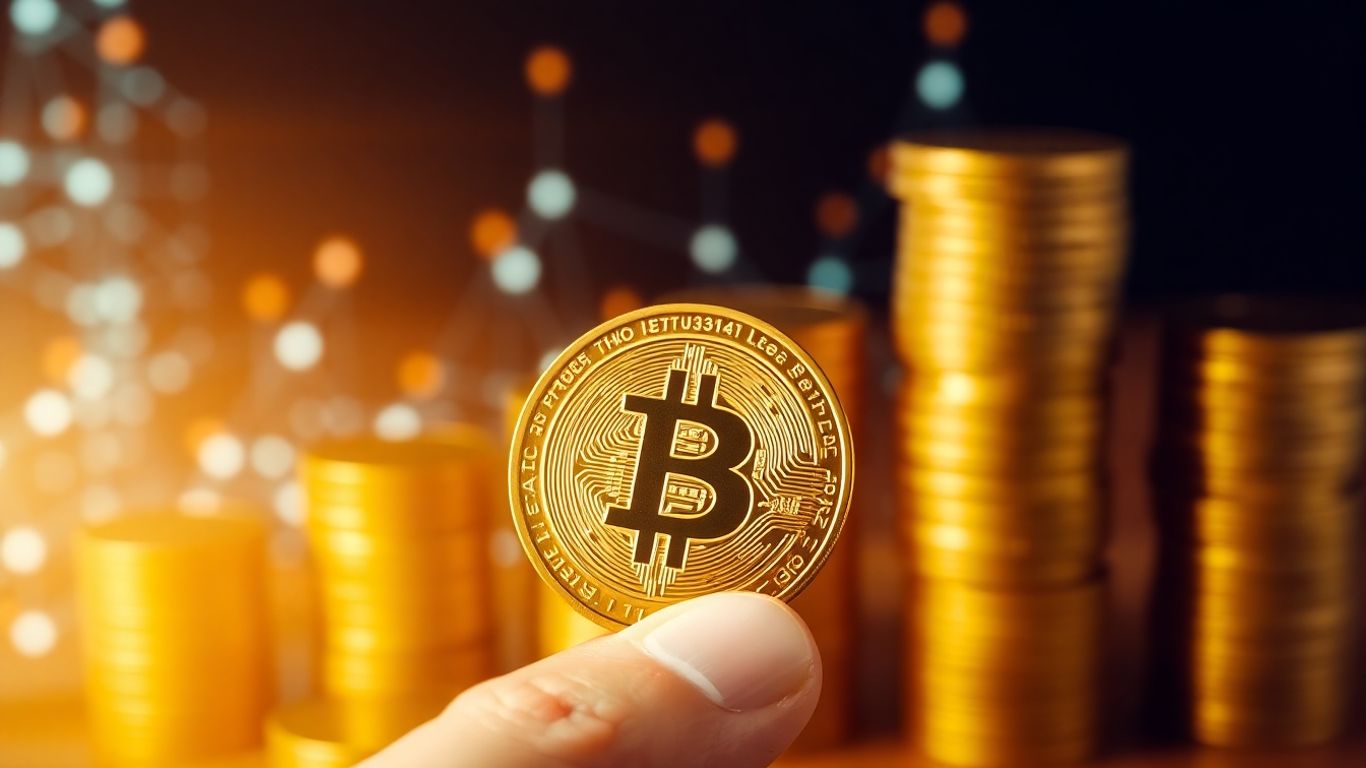 Hand holding a tokenized asset coin with financial background.