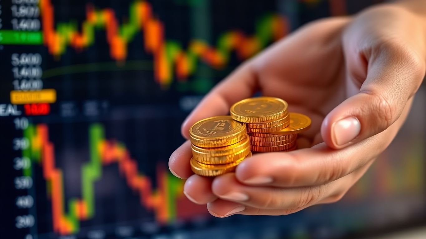 Hands holding golden coins with financial data background