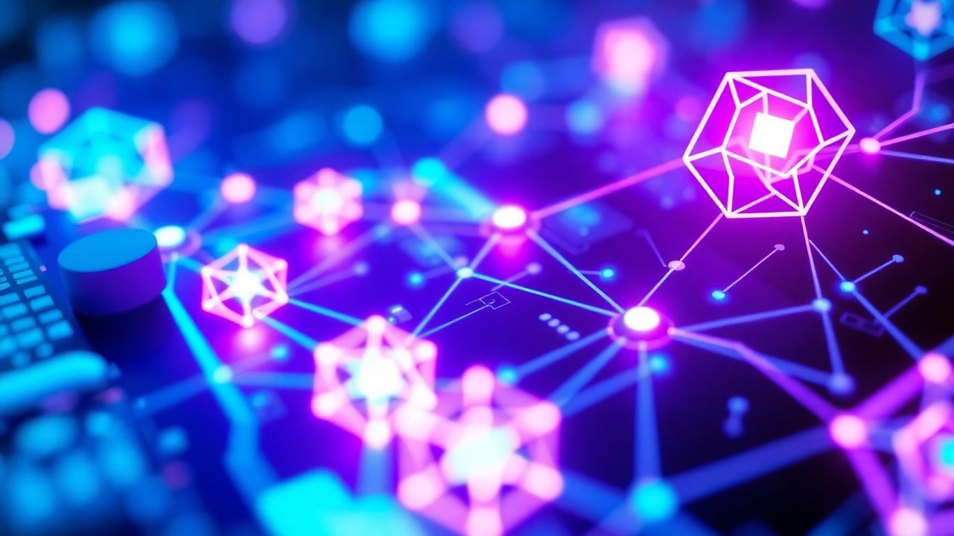 Interconnected circuits and abstract geometric shapes with blue and purple hues.