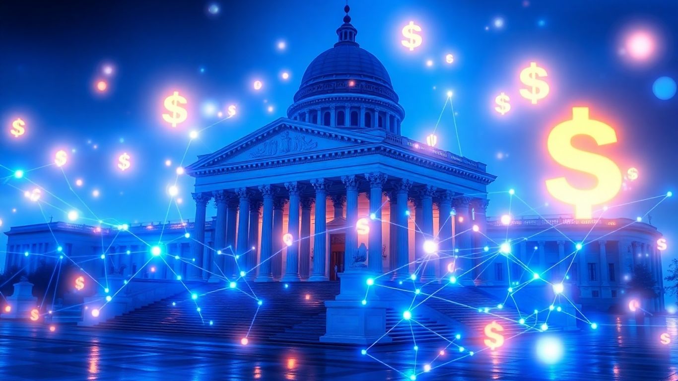 Government building connected to blockchain network.