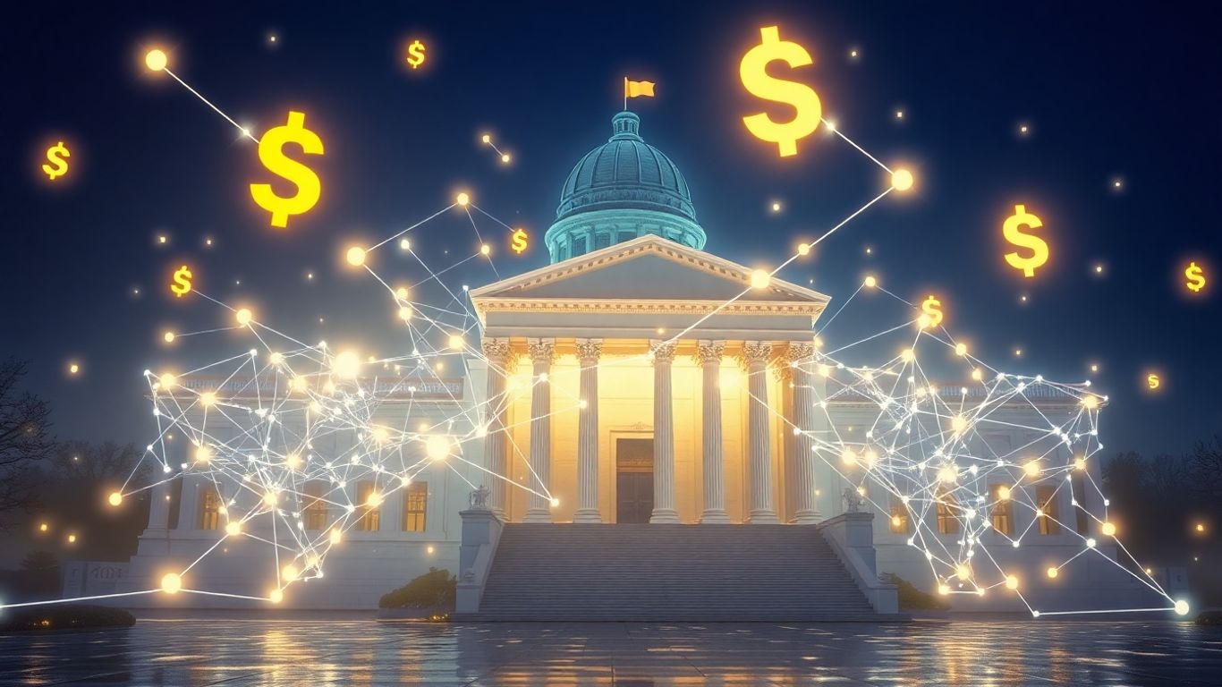 Government building connected to blockchain network nodes.