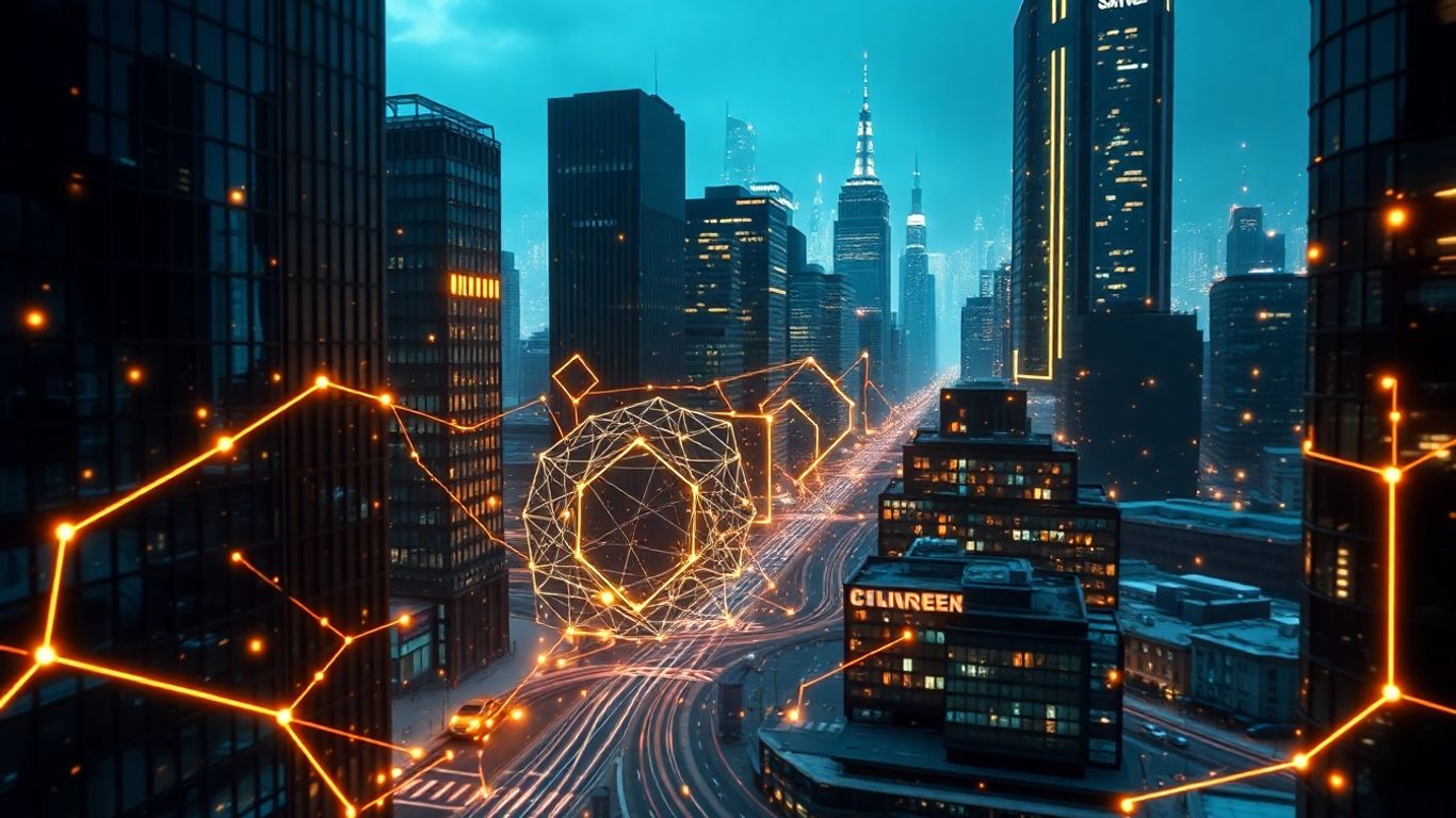 Digital cityscape with glowing token shapes and financial data streams.
