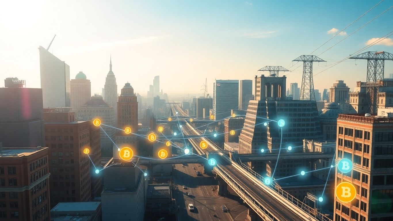 Digital tokens connect city infrastructure in a modern landscape.