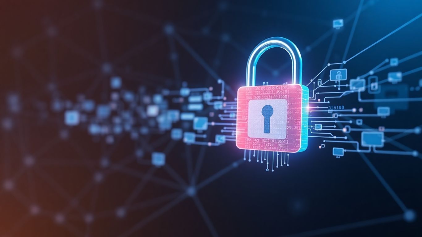 Blockchain padlock with data stream and network lines.