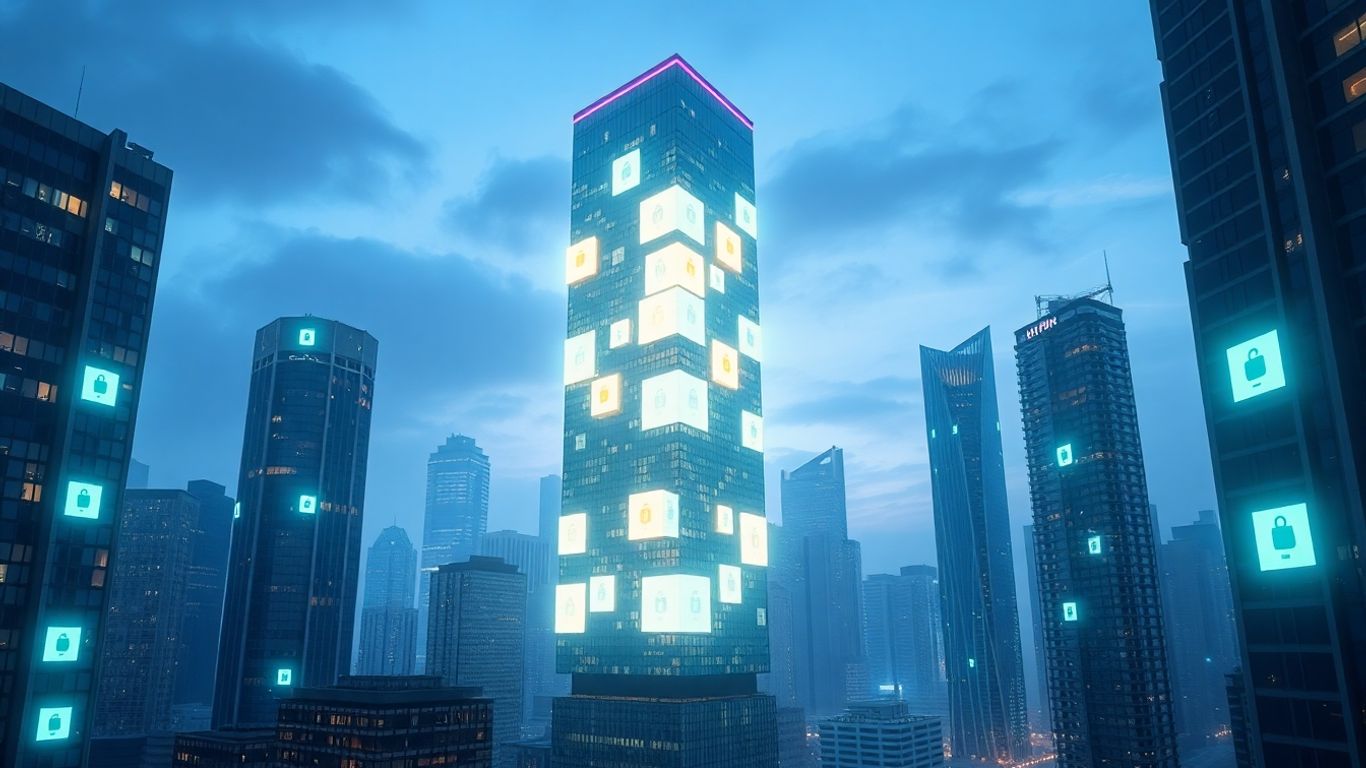 Skyscraper with digital blocks, tokenized real estate concept.