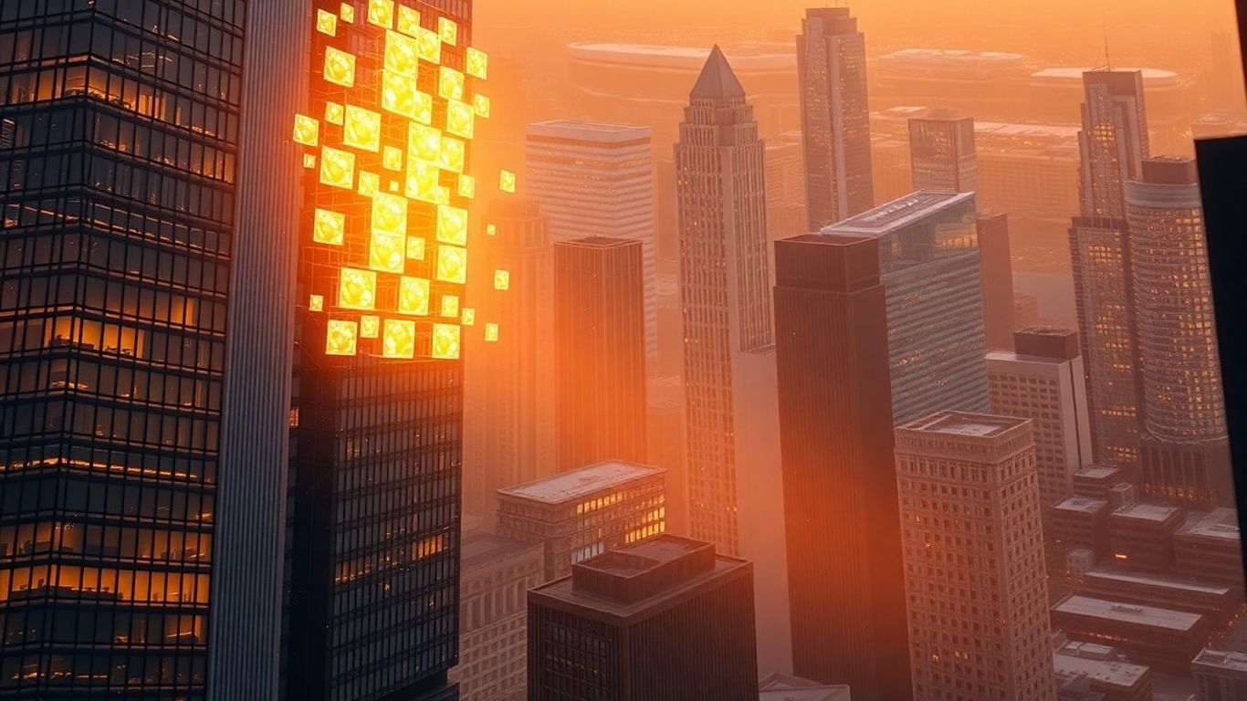 Skyscraper with digital blocks, real estate tokenization concept.