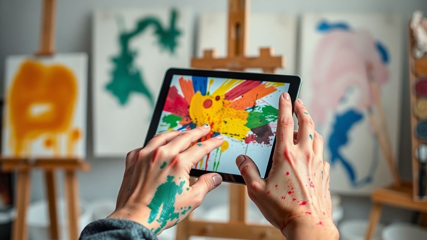 Artist's hands holding tablet with digital art.
