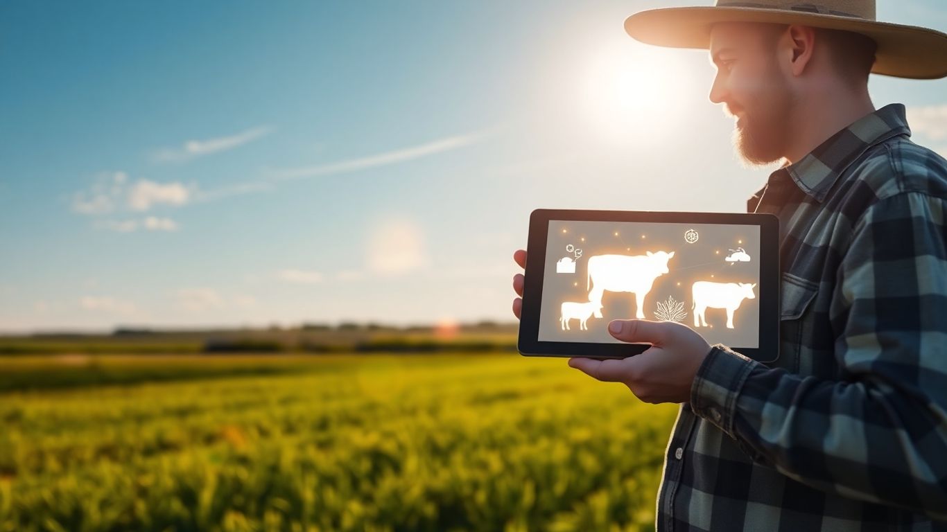 Farmer with tablet showing blockchain asset tokenization on a farm.
