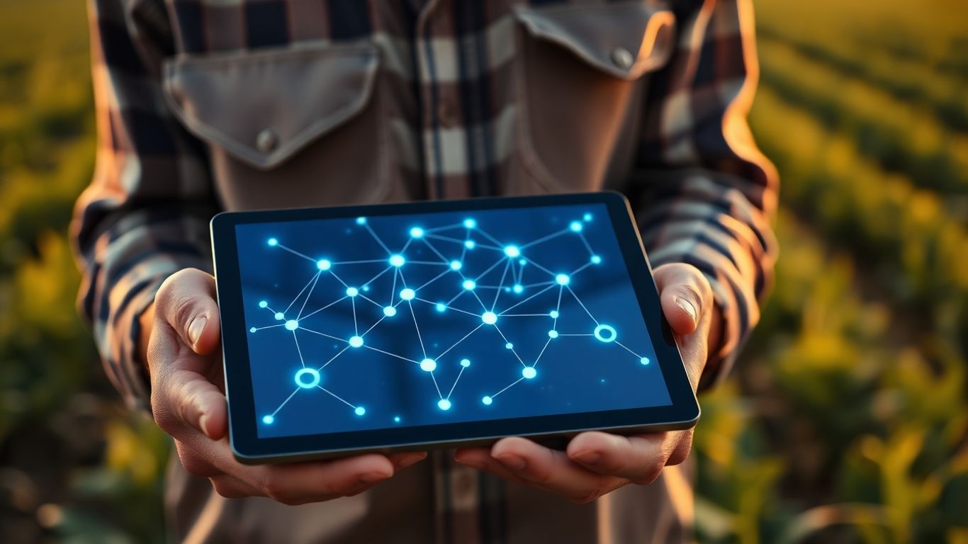 Farmer using tablet with blockchain network and crops.