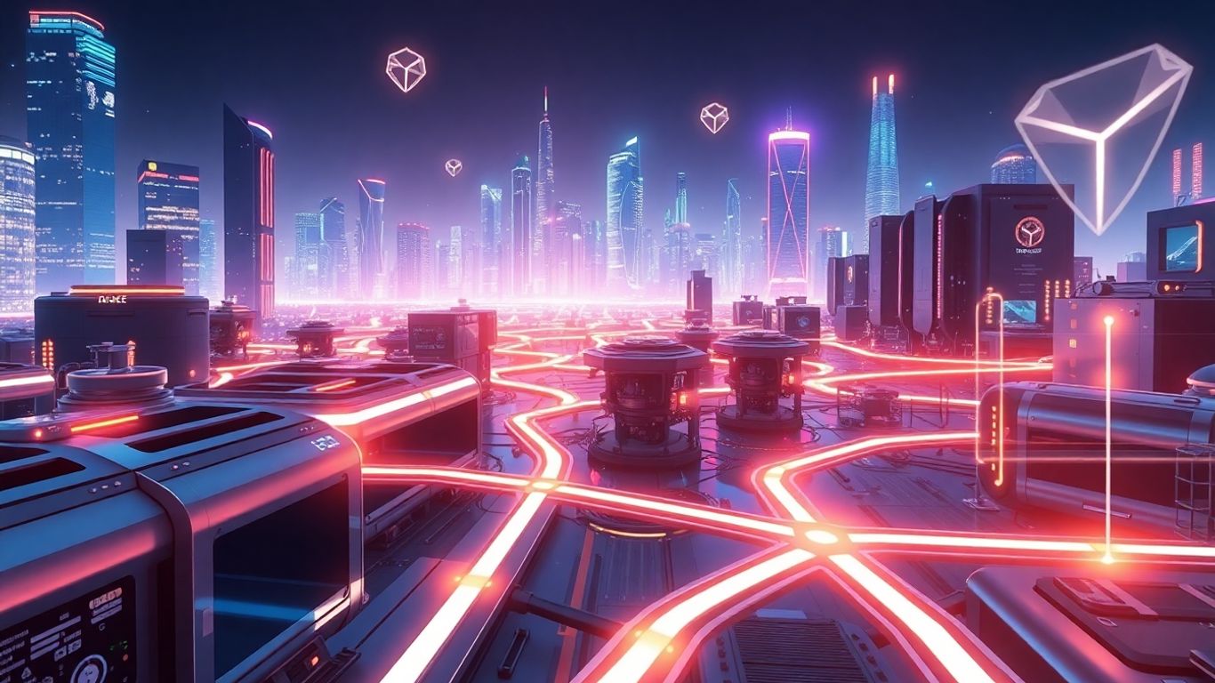 Futuristic cityscape with digital streams and modern machinery.