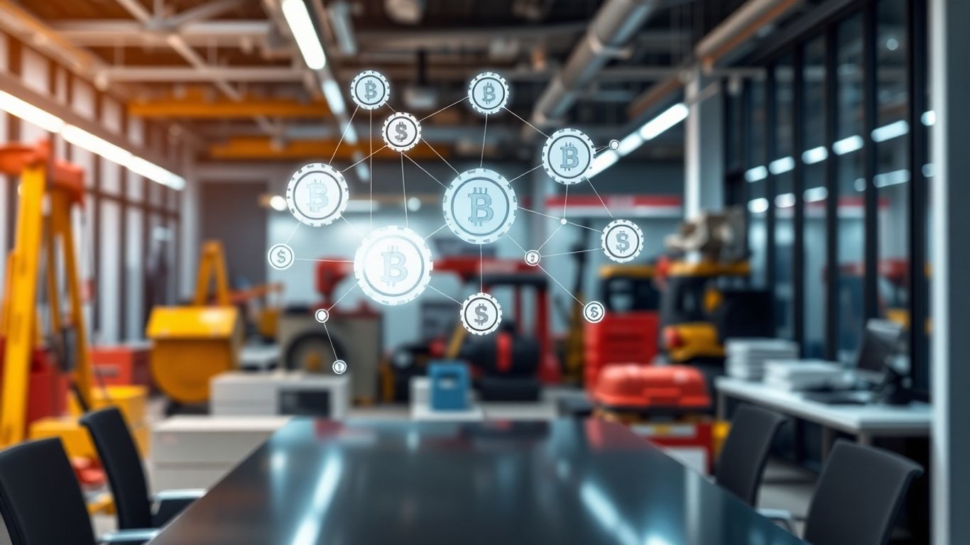 Digital tokens and industrial equipment in a modern setting.