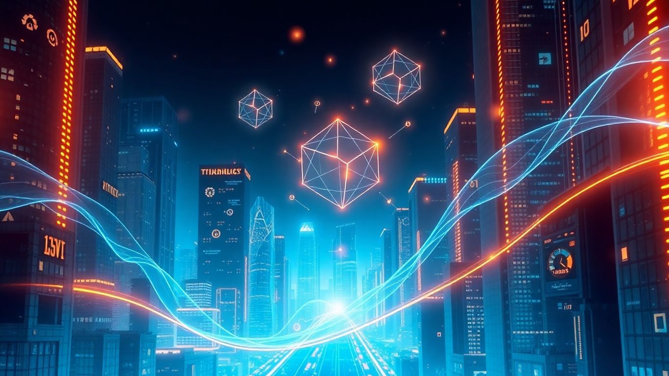 Futuristic cityscape with digital streams and financial data.